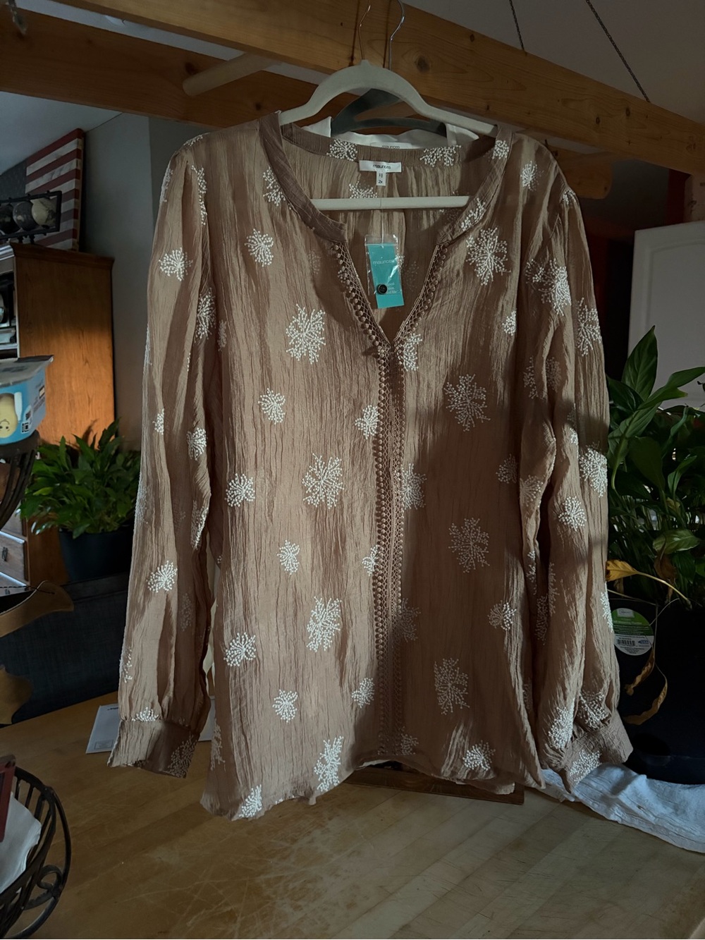 Maurices Taupe Crinkle Peasant Blouse with White Embroidery Accents